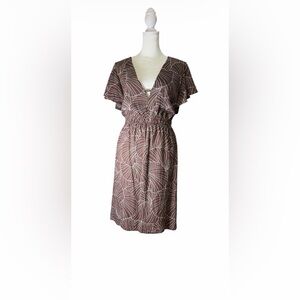 a new day Brown Botanical-Print V-Neck Smocked-Waist Knee Height Dress.Size XXL.